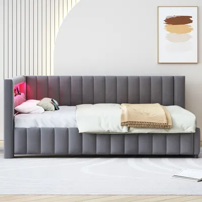 Produktbild von okwish Daybett Polsterbett 140x200, Schlafsofa mit LED-Licht und USB-Ladeanschluss, mit Rückenlehne und Kopfteil,Samtstoff,Dunkelgrau-Ohne Matratze