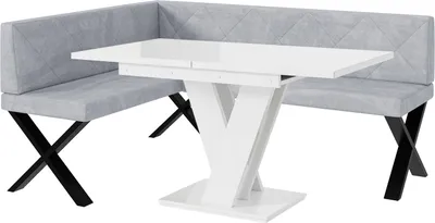 Produktbild von MEBLINI Eckbank für Esszimmer mit ausziehbarem Tisch  - Küchenbank - Essecke - Sitzecke Küche - ERIC - X-Beine 128x168x87cm Links - Hellgrau Samt/M Weiß Hochgl.