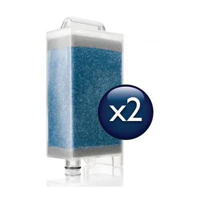 A product shot of a water filter cartridge with a promotional overlay.