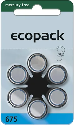 A blister pack of six hearing aid batteries.