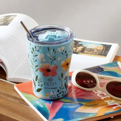 Image de Estia, tasse isotherme de 350 ml, bleue et colorée, avec paille, motif floral