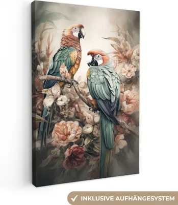 Produktbild von MuchoWow® - Leinwandbilder - Papageien - Vögel - Natur - Blumen, Wandbild, Wanddeko Bilder Wohnzimmer, 20x30 cm
