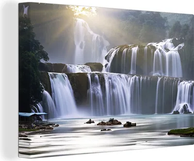 Produktbild von MuchoWow® - Leinwandbilder - Wasserfall - Felsen - Natur, Wandbild, Wanddeko Bilder Wohnzimmer, 120x80 cm