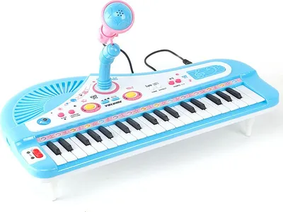 Produktbild von Kinder Keyboard 37 Tasten mit Mikrofon, 2 Klangfarben, 4 Rhythmen, Dual-Stromversorgung, Musikspielzeug, Blau