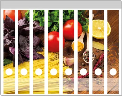 Produktbild von Wallario Ordnerrücken Sticker, selbstklebend für schmale Ordner, 8 Stück, Motiv Italienisches Menü mit Spaghetti, Tomaten, Basilikum und Gewürzen