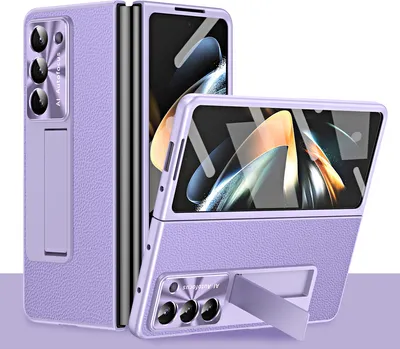 Produktbild von Hülle für Samsung Galaxy Z Fold 5 Litschi Hart PC Stander Schutzhülle mit Displayschutz / Linsenschutz Lila