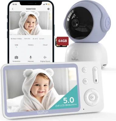 Produktbild von 5" Babyphone mit Kamera 2K, Babyfon Video PTZ 355°, Bewegungs und Geräuscherkennung, Temperatur und Luftfeuchtigkeitsüberwach, mobiles Tracking , 64GB
