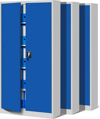 Produktbild von 3er Set Aktenschrank C001 Metallschrank Stahlschrank Werkzeugschrank Büroschrank Lagerschrank Universalschrank Pulverbeschichtung Flügeltüren 185 cm x 90 cm x 40 cm Farbe: Grau/Blau