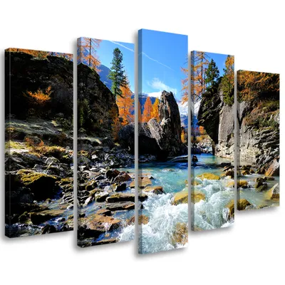 Produktbild von 5-teiliges leinwandbild berge wasserfall felsen 100x70 cm Feeby blau wandbild bereit zum aufhängen