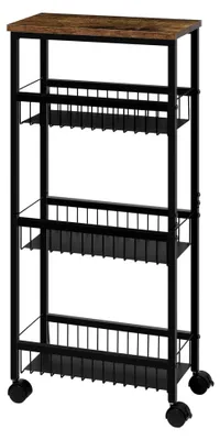 Produktbild von Servierwagen, Küchenwagen mit Arbeitsplatte, 3 Metallkörben, Rollwagen mit Bremsen, Nischenregal auf Rollen, Küchenrollwagen, Rollregal für Küche und Wohnzimmer, 40x87x20 cm, Schwarz