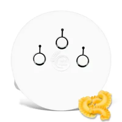 A white circular object with three small holes and a small logo in the center, with some yellow pasta shapes in the lower right corner.