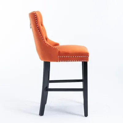 Immagine prodotto di Set di 2 sgabelli da bar - Tessuto velluto, colore arancione - Bordo cromato e gambe in legno