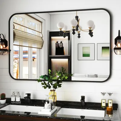 Produktbild von Badspiegel mit runden Ecken 75 x 122 cm Alurahmen Schwarz
