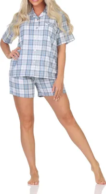 Produktbild von Normann Damen kurzarm Flanell Schlafanzug Shorty Pyjama in eleganter Karo Optik ; Karo blau , 40