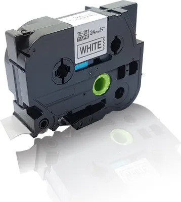 A label tape cartridge is shown on a reflective white surface.