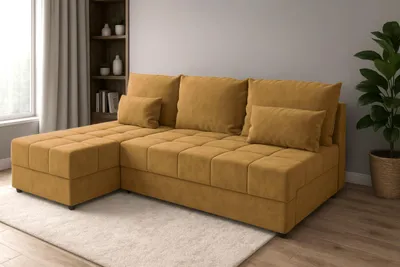 Zdjęcie produktu dla Narożnik DOMINO L FIT z funkcją spania 120x200, pojemnik na pościel, uniwersalny L/P, Kronos 01 złoty, 206 cm