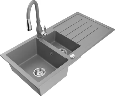 Produktbild von Mexen Andres 1,5-Becken-Granitspüle mit Abtropffläche und Mischbatterie Savita, Grau - 6515-71-672601-71