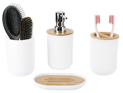 Produktbild von 4-teiliges Badezimmer-Zubehör-Set Weiß Seifenspender Zahnbürstenhalter Zahnputzbecher Seifenschale