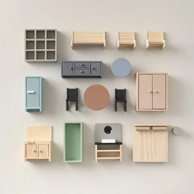 Produktbild von Petite Amélie Puppenhausmöbel aus Holz - 16-teiliges Retro Set