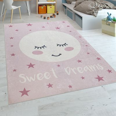 Kinderteppich Kinderzimmer Mädchen Waschbar Sterne Niedlicher Mond Spruch Rosa Grösse 80x150 cm