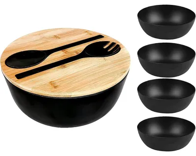 Productafbeelding van Saladeschaal met snijplank, deksel en bestek, mengkom voor fruit en salades, zwart