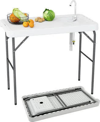 Immagine prodotto di COSTWAY Tavolo pieghevole per la pulizia del pesce, tavolo per sfilettare con lavello, rubinetto e tubo di scarico, tavolo da campeggio portatile 108 x 58 x 93 cm