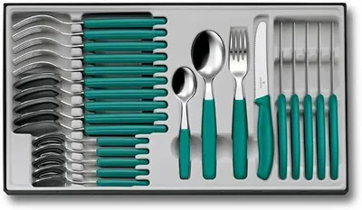Imagen del producto de Juego de cubiertos, 24 piezas, que incluye cuchillos, tenedores y cucharas, color verde