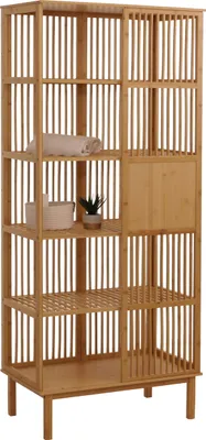Immagine prodotto di Scaffale in piedi in bambù HWC-N81, mobile da bagno mobile da bagno scaffale da bagno cassettiera, 5 ripiani porta scorrevole  186x80x45cm