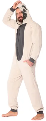 Produktbild von Ladeheid Herren Schlafoverall Tierkostüm aus Baumwolle Jumpsuit bunt Tiermotiv Verkleidung Schlafanzug Einteiler mit Kapuze LA40-235 (Beige Mops, 3XL)