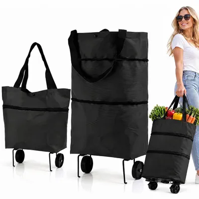 Image de Sac pliable pour courses avec roulettes, chariot de courses 2-en-1, noir