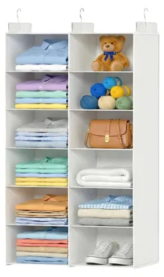 Image de Étagère suspendue à deux rangées, rangement pour armoire, rangement pliable pour armoire avec 3 crochets métalliques, peu encombrant pour la chambre à coucher ou la chambre d'étudiant (blanc, 6 niveaux)