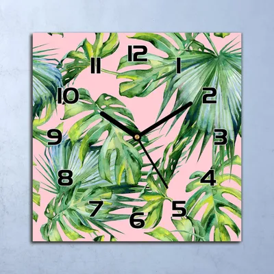 Produktbild von Wanduhr Echt-Glas-Küchenuhr Rosa Grün Blätter Quarz Lautlos 30x30 Deko Bilder
