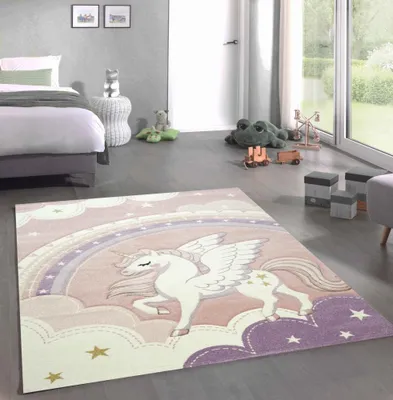 Obrázok produktu pre Hrací koberec do detskej izby s motívom oblohy, mrakov, dúhy a jednorožca, ružovo-krémový, rozmery – 160 x 230 cm