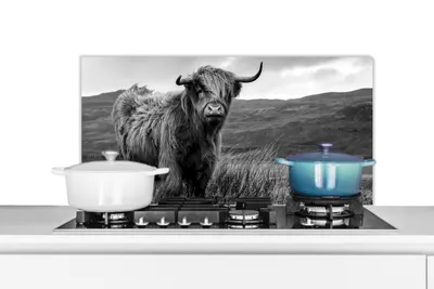 Produktbild von KitchenYeah®  Spritzschutz Küche - Küchenrückwand - Wandschutz für Herd und Spüle - Schottisches Hochlandrind - Berg - Wasser - Natur - Kuh 80x40 - Alu-Dibond (Alternative zum Spritzschutz aus Glas) -