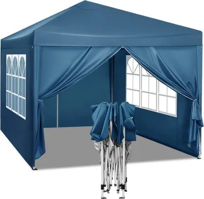 Image de Happyment Tente de réception avec parties latérales - Bleu - Easy-Up Pavillon pliable - Résistant à l'eau et aux UV - 3x3 m - Réglable en hauteur