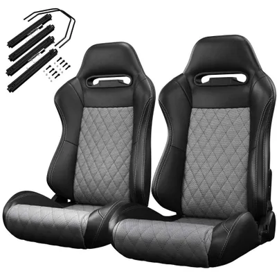 Imagen del producto de AIORBER, juego de 2 asientos universales para carreras, fabricados en PVC con apariencia de cuero, ajustables de 90 a 180 grados, con deslizador y respaldo con diseño de fibra de carbono, sin consola central, color gris y