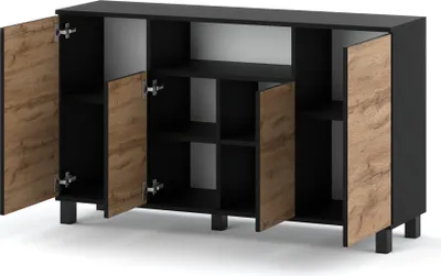 Image de Commode scandinave Sideboard bois 140x80x35 pour le salon, l'entrée ou comme commode chambre à coucher - Design minimaliste - Chêne noir mat Wotan
