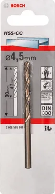 Immagine prodotto di Punta per metallo HSS-Co, DIN 338, 4,5 x 47 x 80 mm, confezione da 1 pz