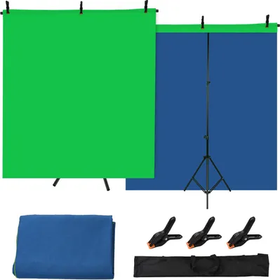 Produktbild von Andoer 5x2ft Green Screen Blue Screen Hintergrund Doppelseitiges Chromakey-Hintergrund-Fotografie-Kit mit 5x2ft T-foermigem Hintergrund, verstellbarem Staender 3 x Federklemmen