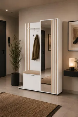 Produktbild von MOEBLO Flurgarderobe JOHN – Kompaktgarderobe mit Sitzkissen, Dielenschrank mit Spiegel, Schuhschrank, Kleiderhaken und Regal für Flur und Diele 131x197x40 cm - Weiß Artisan mit Sitzkissen
