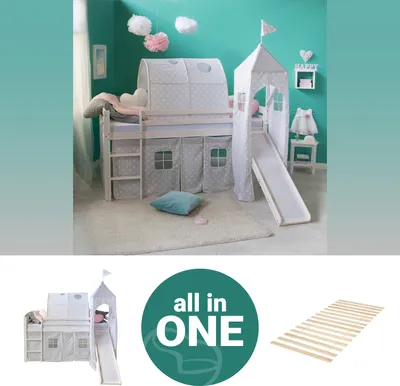 Produktbild von Homestyle4u 2770, Kinder Hochbett 90x200 weiss mit Lattenrost Rutsche Turm Tunnel