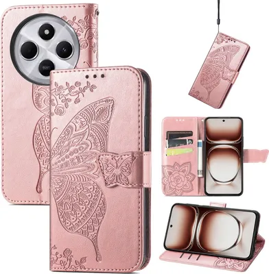 Produktbild von Für Xiaomi Redmi 14C Kunstleder Wallet Handy Tasche Schmetterling Design Hülle Etuis Rosa