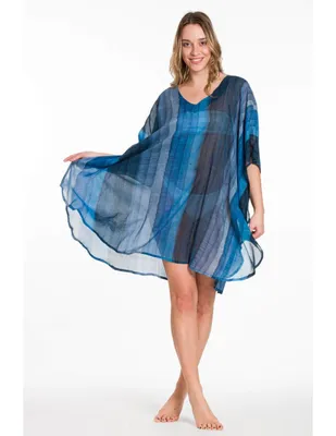 Produktbild von Strandkleid Damen Sommerkleid Kaftan Gestreift Petrolblau mit Grau-Verlauf – Luftiges Oversize Kleid aus Baumwolle bis 3XL