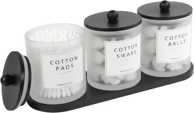 Productafbeelding van Wattenstokjeshouder Dispenser - Set van 3 - Glazen Apothekerspotten met Bamboe Dekkels - Wattenbolletjes - Padden Houder - Flosdraad Containers