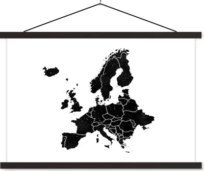 Produktbild von MuchoWow® Textilposter Europa-Karte in schwarzer Aquarellfarbe - schwarz und weiß 60x40 cm mit schwarzem Rahmen - Hölzernes