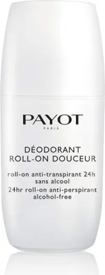 A white roll-on deodorant bottle with black text.