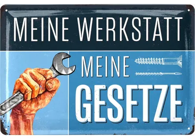 Produktbild von Retro Blechschild meine Werkstatt MEINE GESETZE, nostalgie Deko Werkstatt Papa, Vatertagsgeschenk Schild, Werkstattschild Regeln mit Spruch