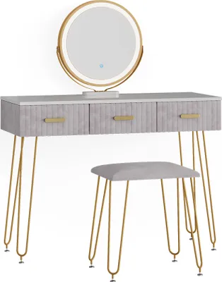 Produktbild von Vicco Schminktisch Layla, 100 cm mit LED Beleuchtung und Hocker, Grau/Weiß