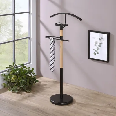 Produktbild von Herrendiener Stummer Diener BODO, Kleiderständer Damendiener Kleiderbügel aus Metall schwarz lackiert und Massivholz natur