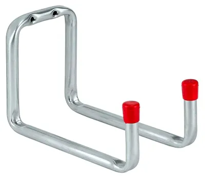 Produktbild von Gerätehalter aus verzinktem Stahl mit Endkappen und Doppelhaken zur Aufbewahrung, Wandhaken
